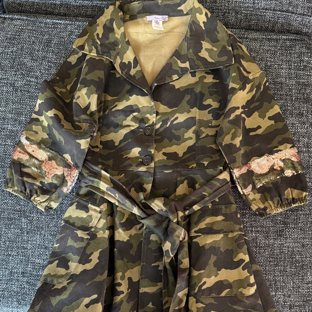 Camouflage Belted Button-Front Mini Dress with Sequin Sleeve Detail